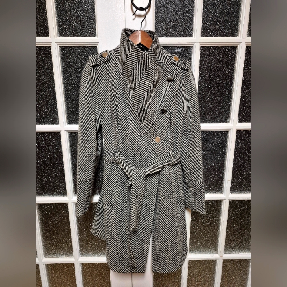 GUESS Saks off 5th herringbone Asymmetrical Wool Blend Peacoat small black white